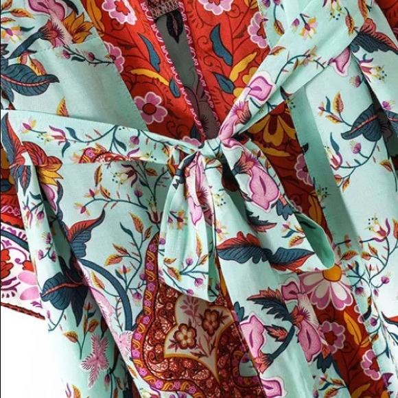 Colorful Red Mint Peacock Floral Bohemian Boho Duster Wrap Kimono Coverup Robe - Picture 10 of 11